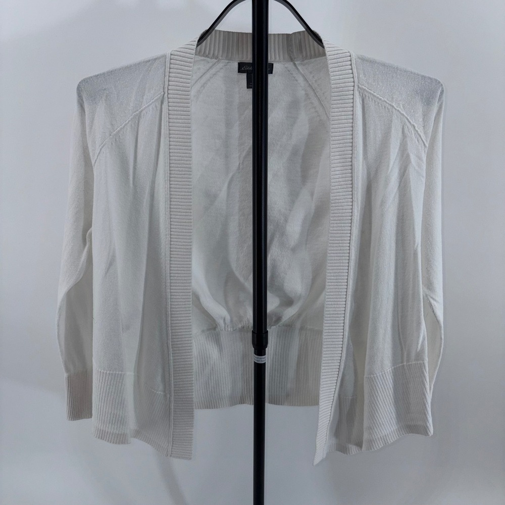 Eddie Bauer Womens White Cotton Tencel Open Front Cropped Cardigan Sweater Small